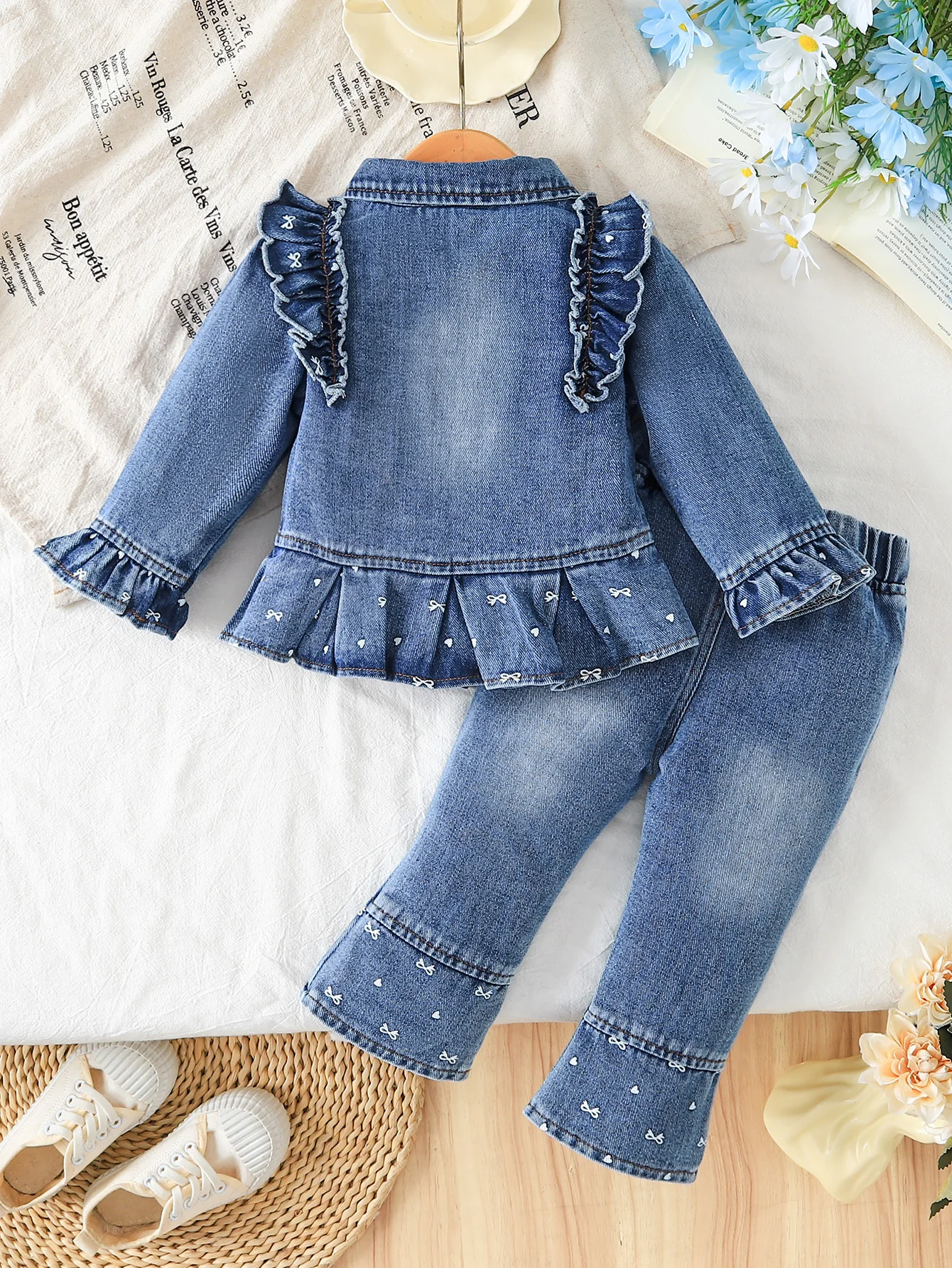 2Pcs Toddler Girl Denim Set, Ruffle Bow Cropped Jacket Flared Jeans Outfit 1-2Y