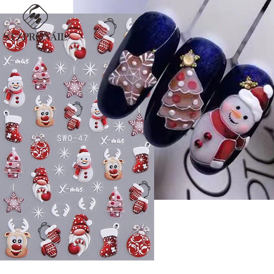 Christmas Nail Stickers 5D Embosse Santa Claus Snowflake Snowman Penguin Elk Winter Xmas Manicure Decal Sliders Nail Art Decor