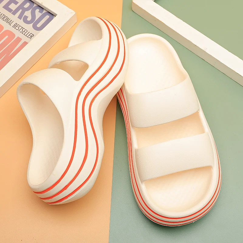 Summer Home Women Heel Slippers 6cm Thick Bottom Striped Sole Non Slip Bathroom Ladies Slides Indoor Platform Slippers Bottom