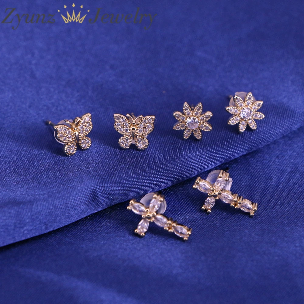 5 Pairs, Exquisite Gold Color Butterfly / Cross / Flower CZ Stud Earrings Ear Piercing Accessories for Women Fashion Earrings