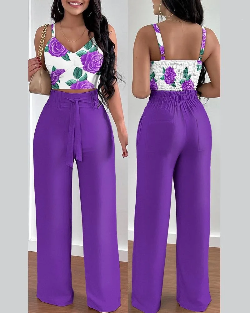 Two Piece Sets Womens Outifits Summer Fashion Printed Suspenders V Neck Sleeveless Crop Top & Casual Wide-Leg Long Pants Set