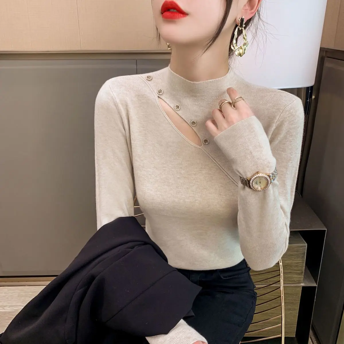 Korean Fashion Autumn Sweaters Pullovers Women Mock Neck Solid Button Office Lady Bottoming Female Slim Long Sleeve Knitted Tops