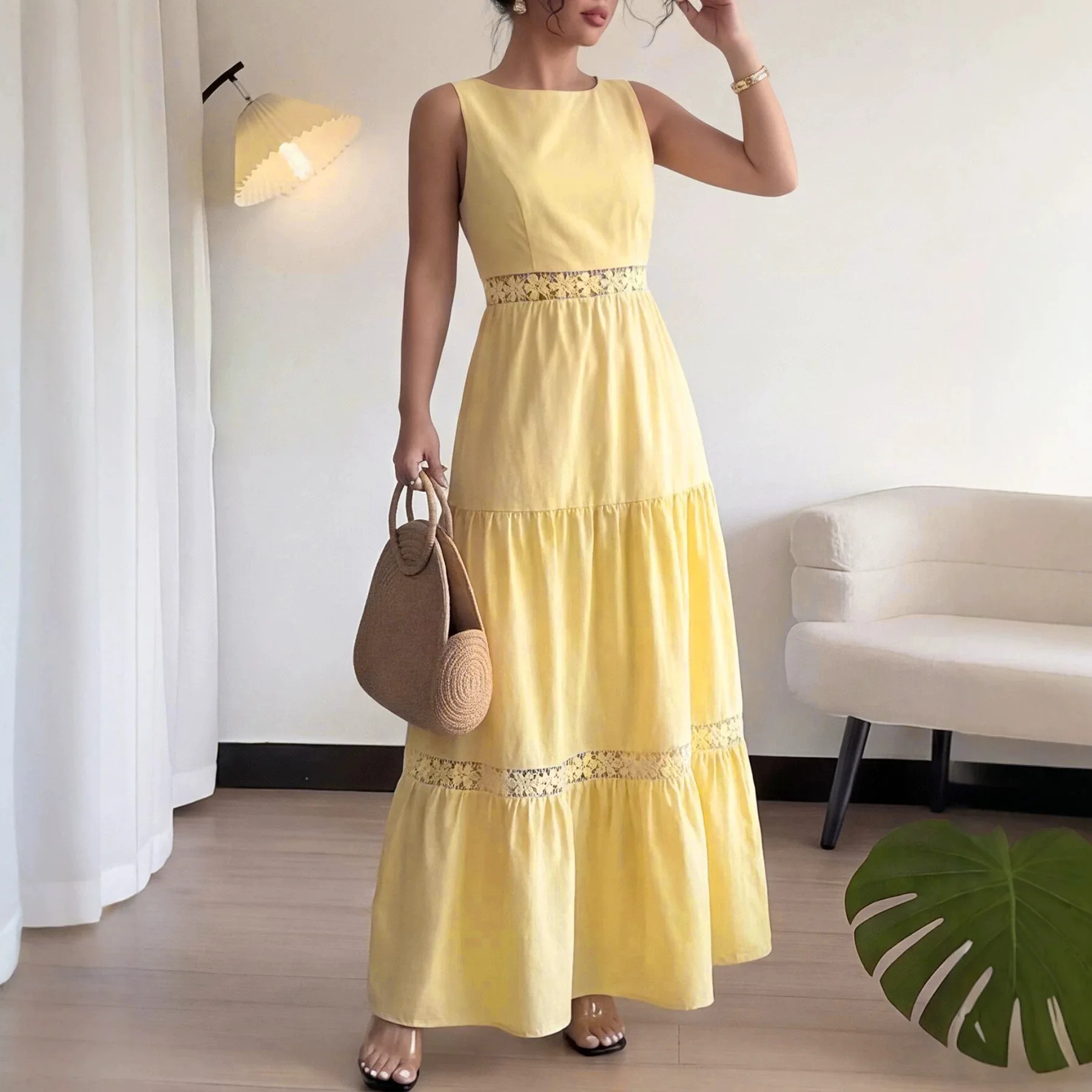 

Women's Dress 2026 Spring Summer New Solid Color Round Neck Sleeveless Lace Patchwork Cinched Waist Casual Vacation Long Dress