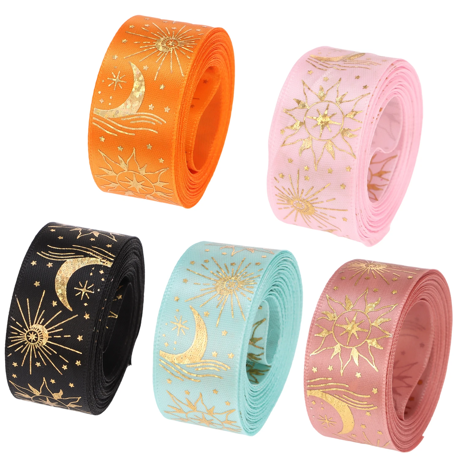 Cinta de raso con estampado en caliente láser de una sola cara, 5 yardas x 2,5 cm, estrella, Luna, cinta decorativa para envolver regalos de Ramadán (multicolor)