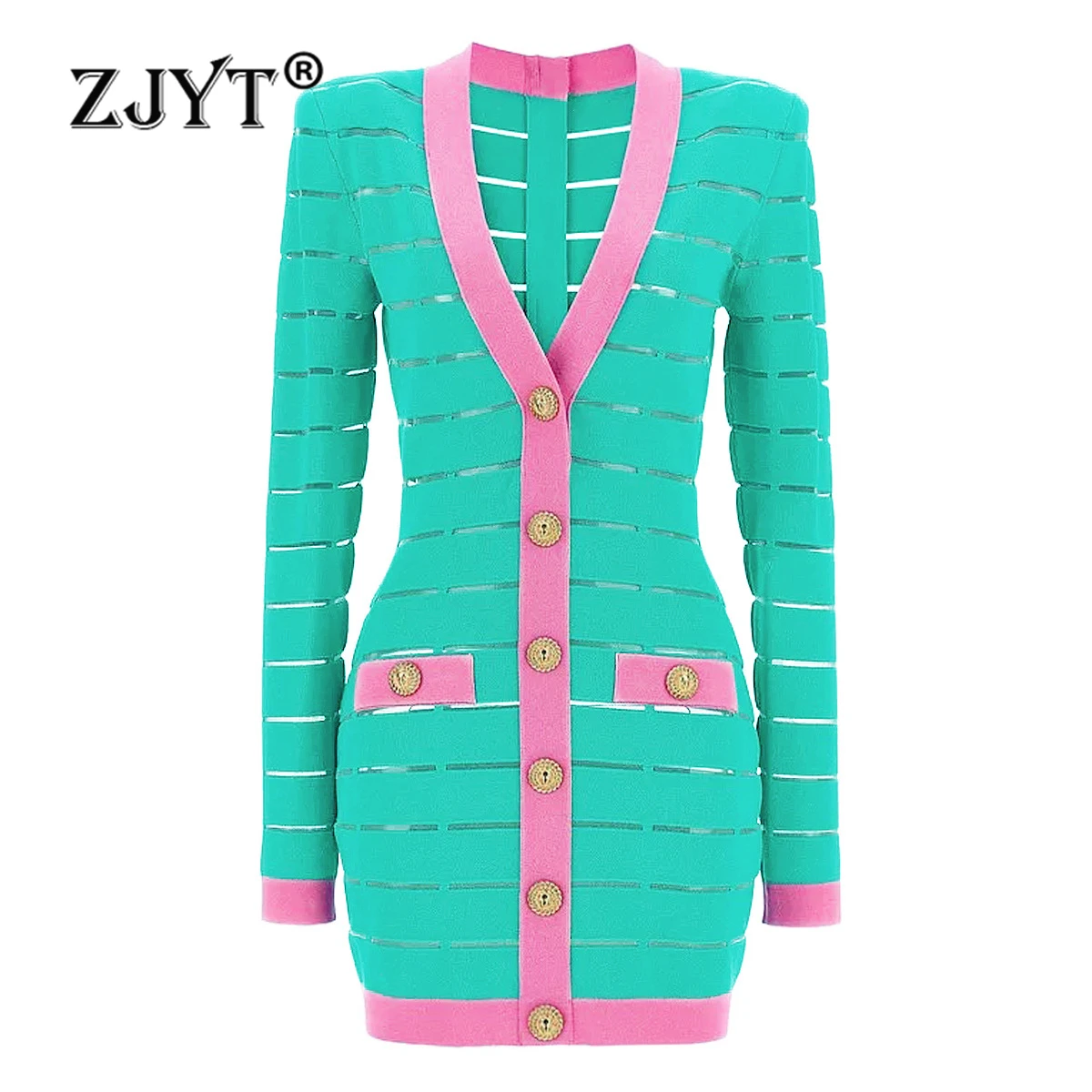 

ZJYT Europe Fashion Color Block Knitting Sweater Dresses for Women 2024 Autumn Winter Long Sleeve V Neck Sexy Short Party Dress