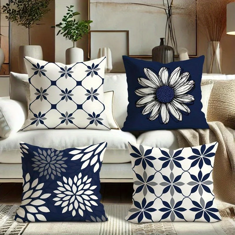 Decorative Throw Pillow Covers Set of 4 Navy Blue White Boho Cushions Geometric Floral Mandala Print Accent Pillows for Sofa