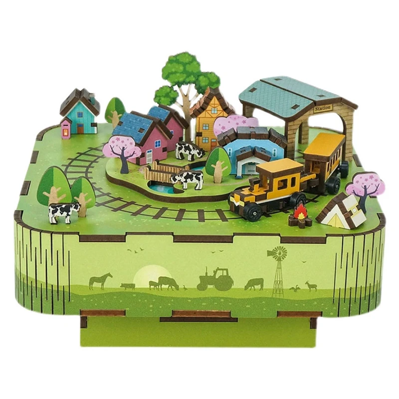 DIY 3D Wooden Singing In the Meadow Music Box Miniature Model Kits Jigsaw Puzzles Can Move for Children Xmas Gifts Home Decor