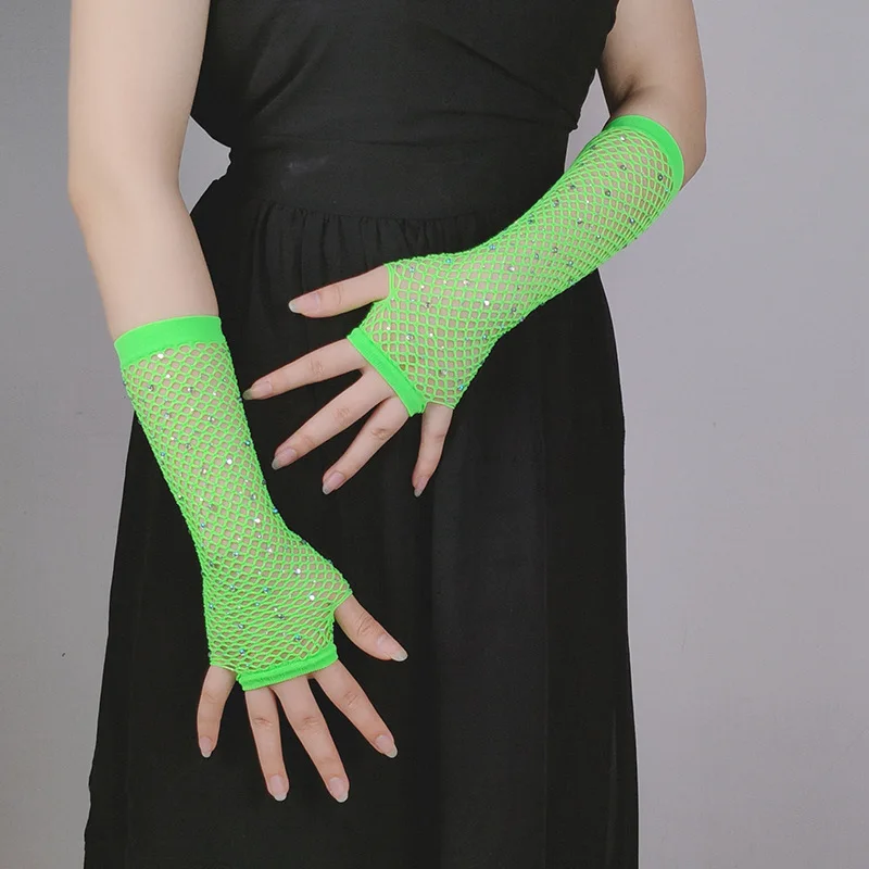 

Women Elastic Fish Mesh Bounce Sparkling Hot Diamond Half Finger Glove Sexy Lace Fishing Net Nightclub Dance Performance Mitten