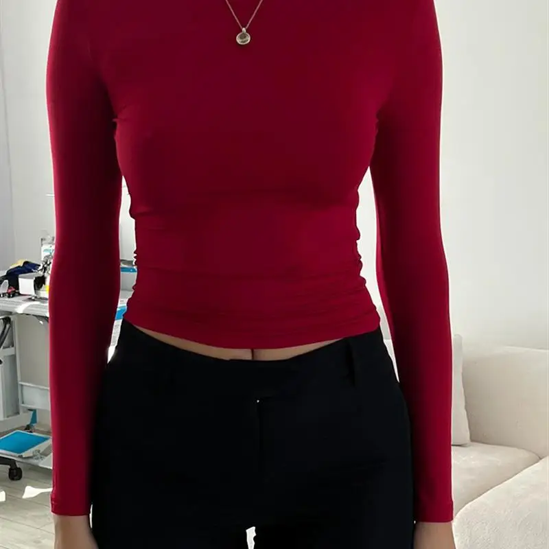 

TiulZial Y2K Женская укороченная футболка Bal Long Sve Повседневный крой с 3D принтом Cool Feeling Тонкий весенне-осенний топ