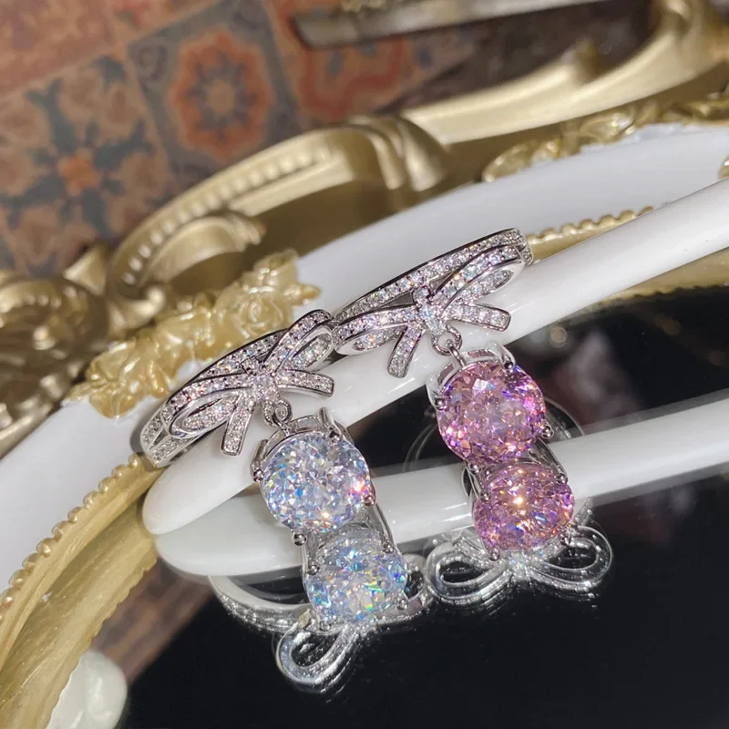 2024 New Japanese and Korean Sweet Style Bow Zircon Ring for Women, Exquisite and Elegant Pink Jewelry Festival Gift