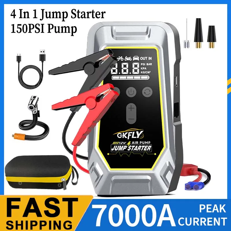 Tragbarer 4000A/7000A Starthilfe mit 150PSI Luftpumpe Powerbank 4-in-1 Luftkompressor Autobatterie-Starter Auto-Reifenfüller