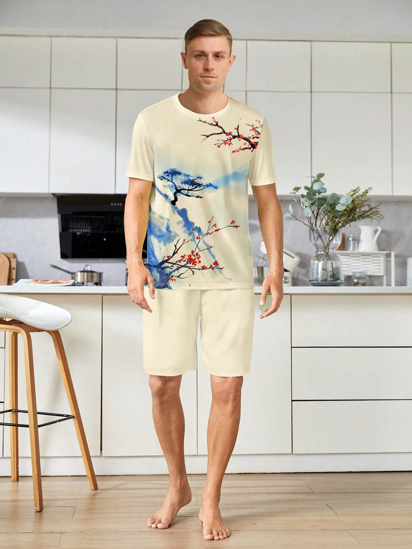 

Four Seasons New Men's Pajamas Fashion Home Clothing Leaf Landscape Pattern Printed Short sleeved Shorts Two piece Set for Men