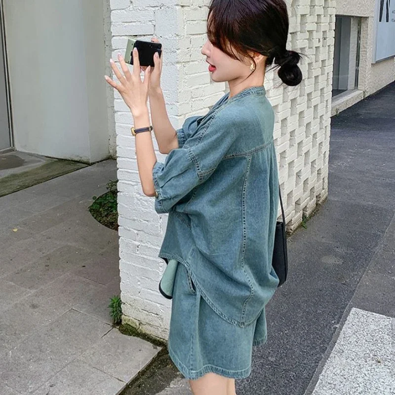 Elastic Waist Woman Shorts Denim With Jacket Office Short Sets for Women 2 Pieces Outfit Trends Top and Bottom Novelties Luxury