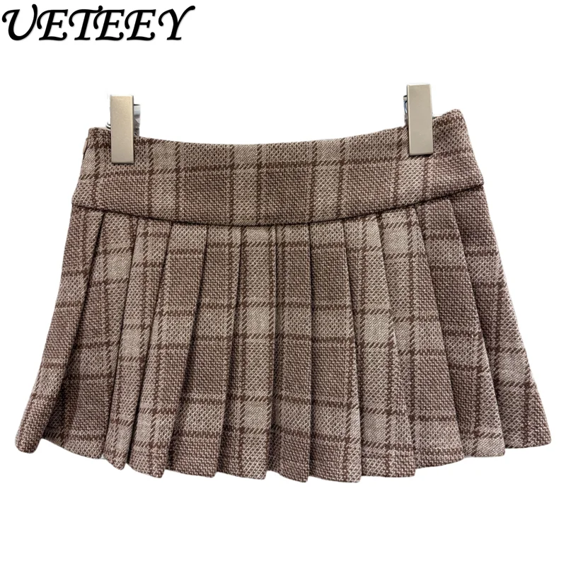 2025 خريف جديد كلية نمط الكاكي منقوشة التنانير النساء موضة المضادة للتعرض الصوفية قصيرة تنورة صغيرة مطوي تنورة للطلاب