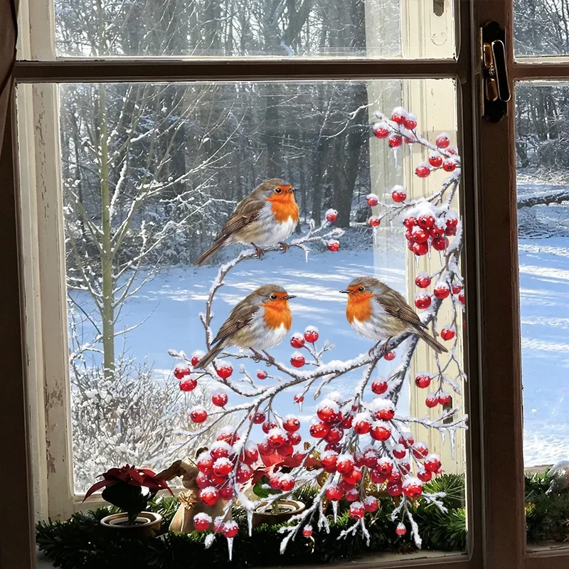 Christmas Robin Window Stickers,Three Cute Red Breast Birds on Snowy Red Berry Branch,Easy to Install Electrostatic Window Cling