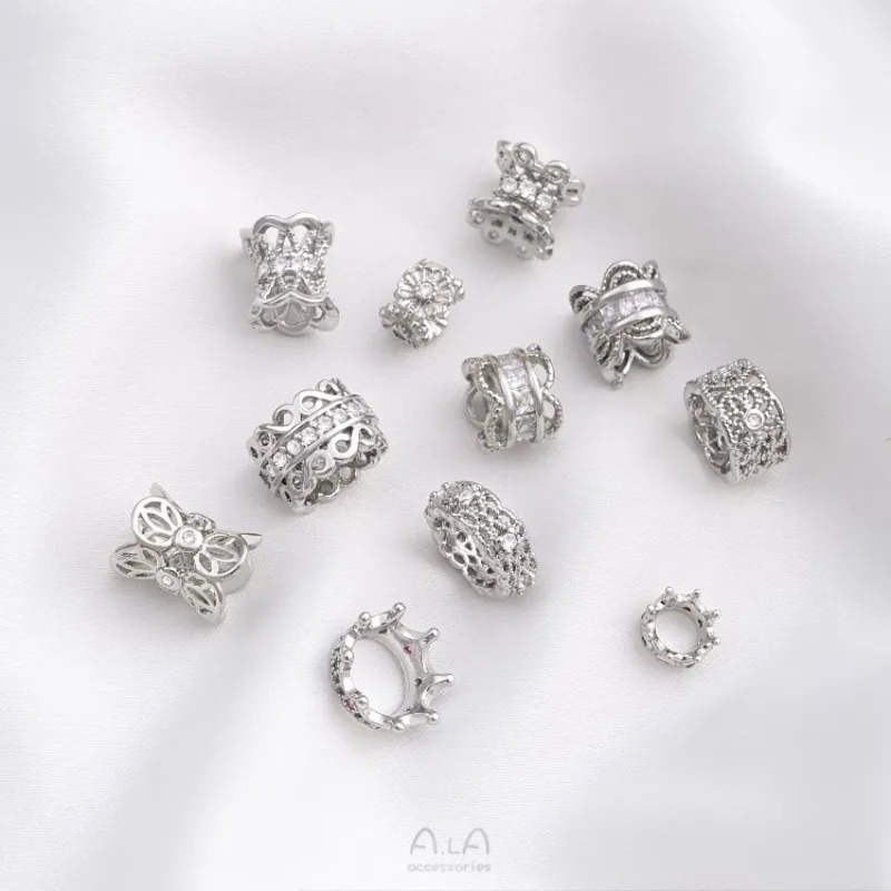 White Gold Inlaid Zircon Small Flower Bead Spacer Lace Double-sided Flower Tray Crown Bead Tray DIY Jewelry Accessories
