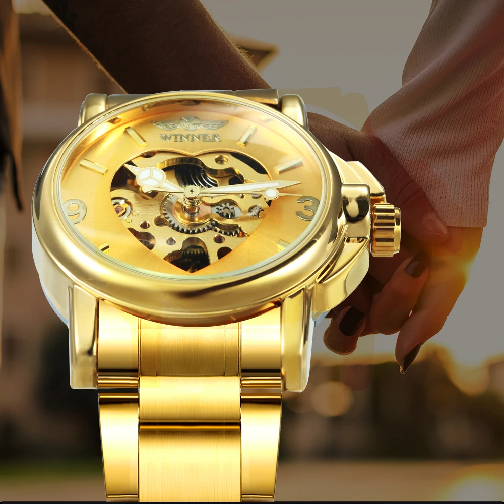 WINNER Elegant Ladies Watches Top Brand Luxury Gold Skeleton Automatic Mechanical Watch for Women Fashion Stainless Steel Strap