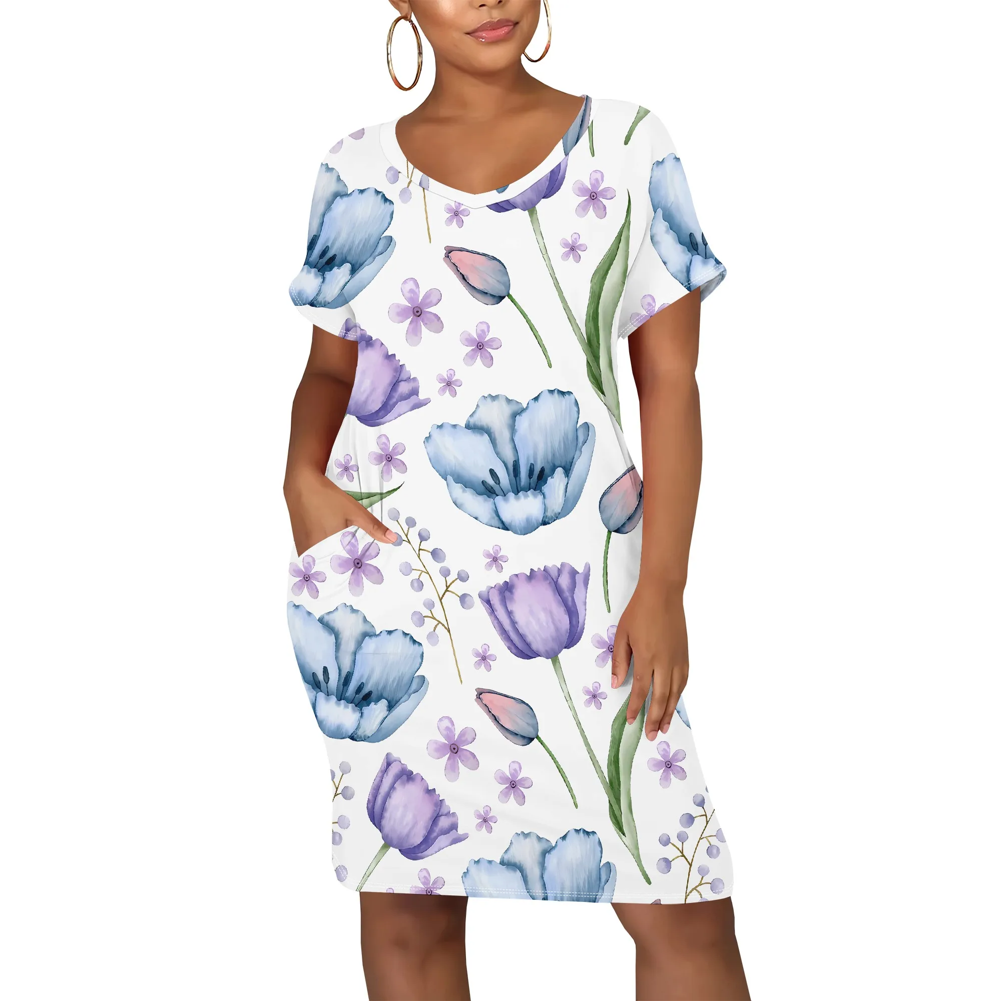 Women's Pullover Sexy Short Sleeve Round Neck Loose Dress for Women Fashion Printed Summer  Casual Midi Dresses  With Pocket