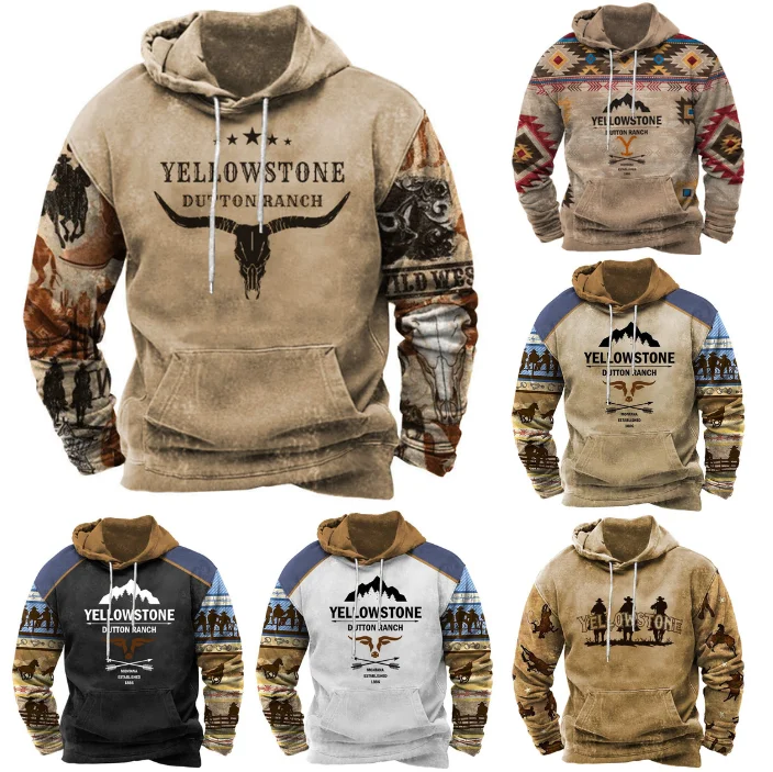 New Vintage Men's Hoodie Yellowstone 3D Print Hooded Sweatshirt Autumn Long Sleeve Hoodies Pullovers Fashion Plus Size Tracksuit