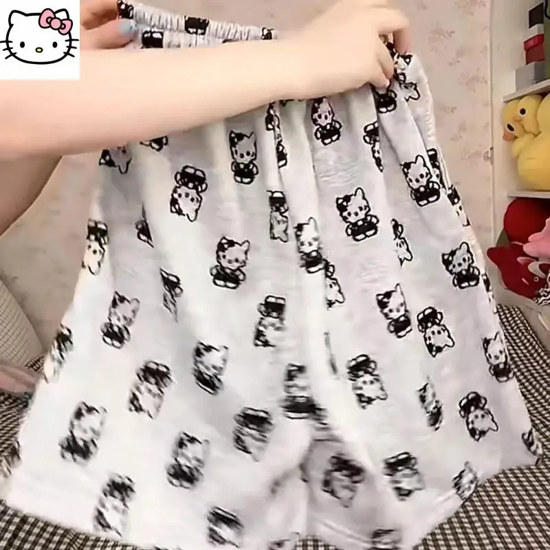 Sanrio 귀여운 반바지 헬로 키티 소녀 만화 Drawstring 새로운 스타일 넓은 다리 느슨한 캐주얼 통기성 Kawaii 여자 친구를위한 선물