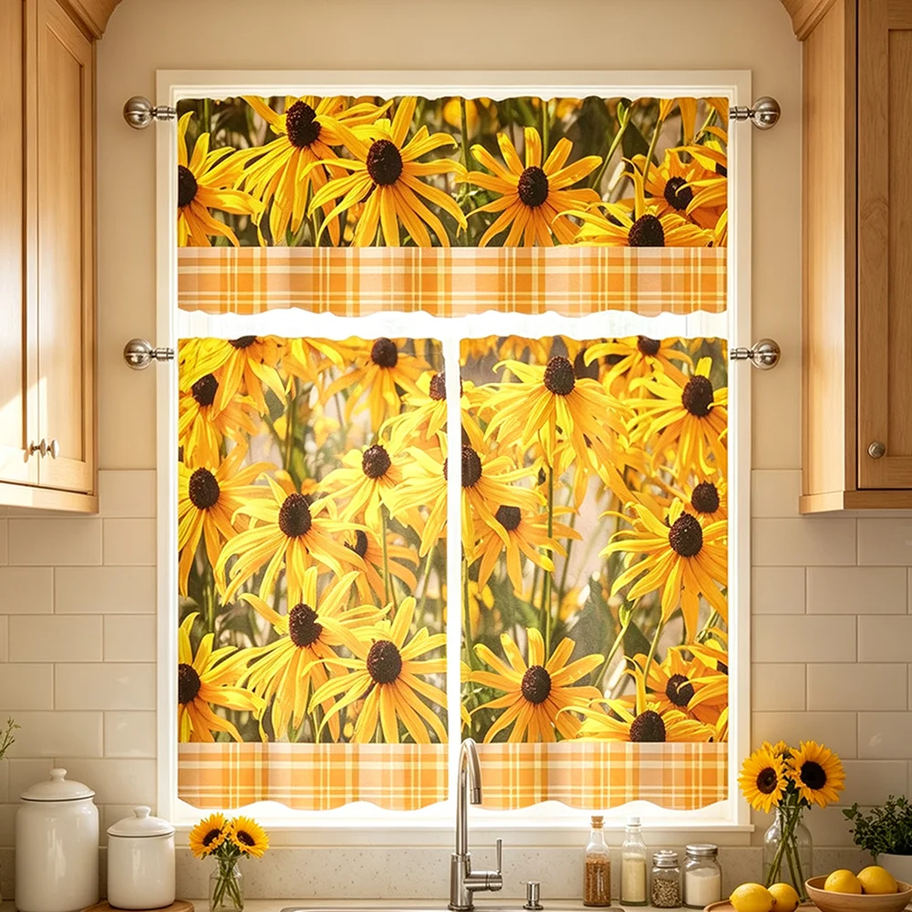 Printed Cafe Curtain Set, Sunflower Plaid Print, Farmhouse Style, Kitchen Valance and Short Curtains, Warm Kitchen Decor