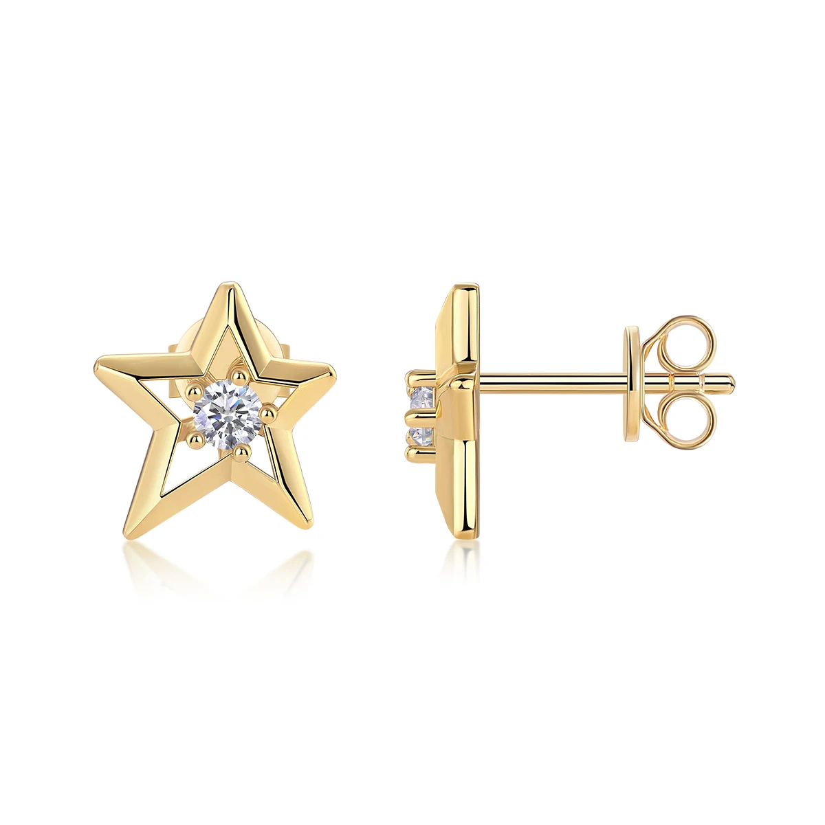 JIUZUAN 18K Gold Plated Star Stud Earrings, 925 Silver with Moissanite Center, Dazzling Design - Perfect Gift for Women