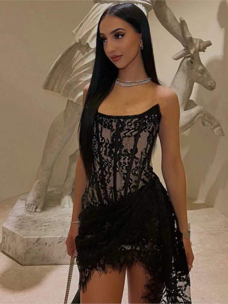 

New Summer Elegant Lace Strapless Sexy See-through Bandage Irregular Mini Dresses For Women Fashion Slim Street Party Dress