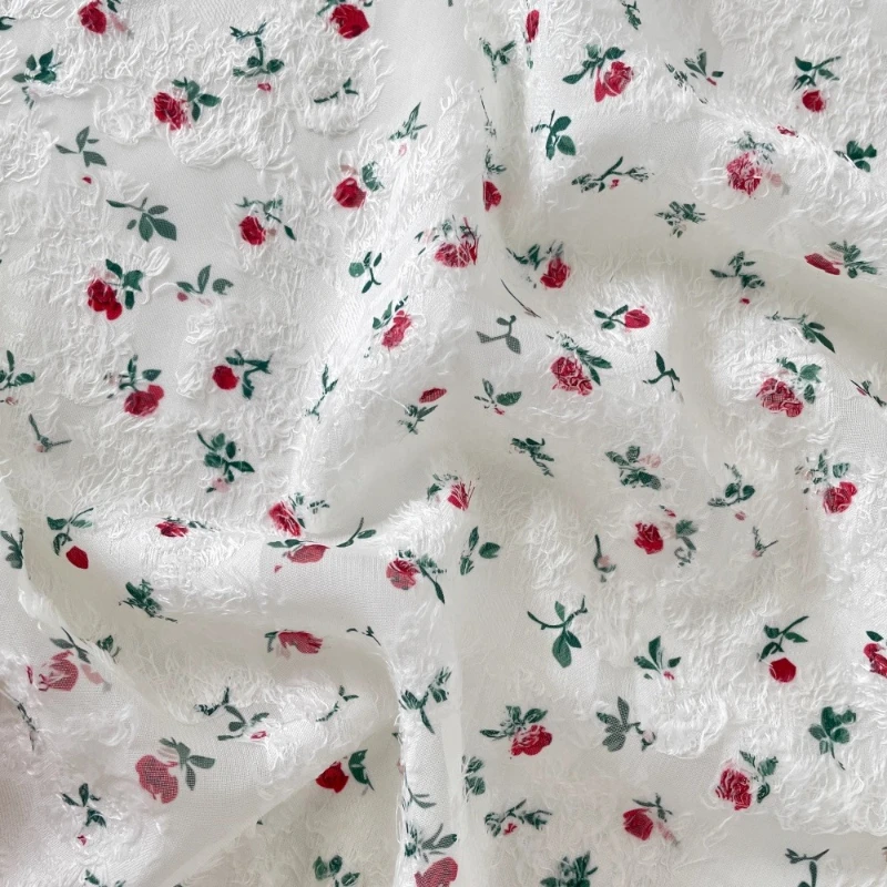

Fashion Red Rose Print Jacquard Fabric DIY Clothing Dress Material Ins Style