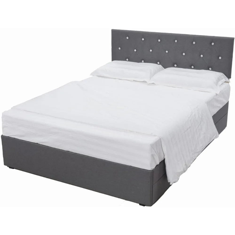 إطار سرير رمادي من قماش الكتان الحديث مقاس 72 × 80 مع لوح رأسي كريستالي، إطار سرير بمنصة منجدة مع 4 سحب تخزين
