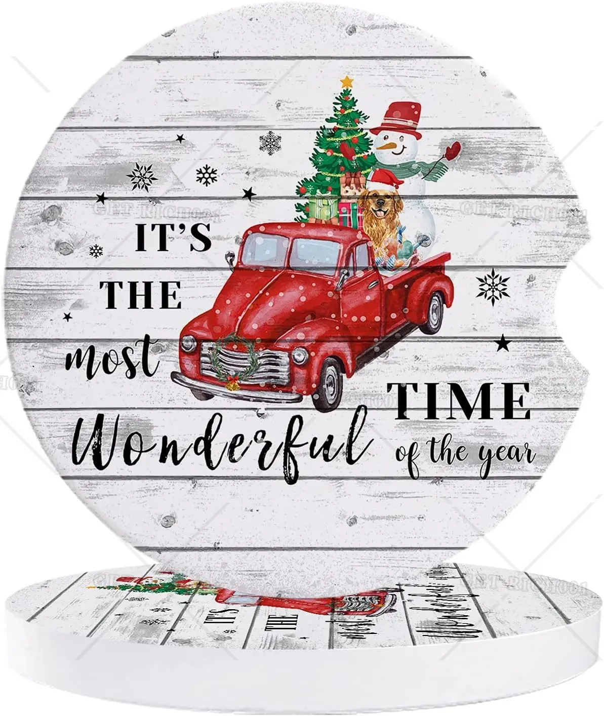 Car Cup Holder Coaster Christmas A Red Truck with Christmas Tree 2 Pack Absorbent Ceramic Stone Car Coasters with Fingertip