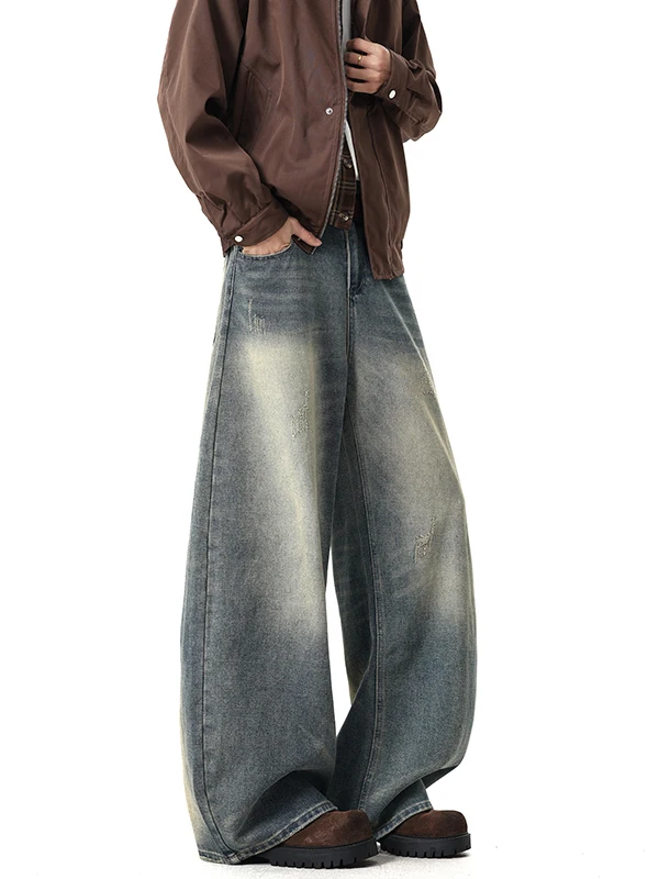 

Retro Washed American Trendy Brand Men's Spring Autumn Wide Leg Loose Fit Jeans Knife Design Casual Straight Leg Trousers