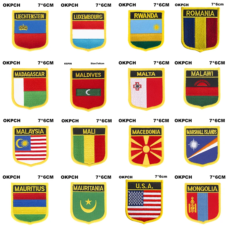 Shield Shape Flag Patches Liechtenstein Luxembourg Rwanda Romania Madagascar Maldives Malta Malawi Malaysia Mali