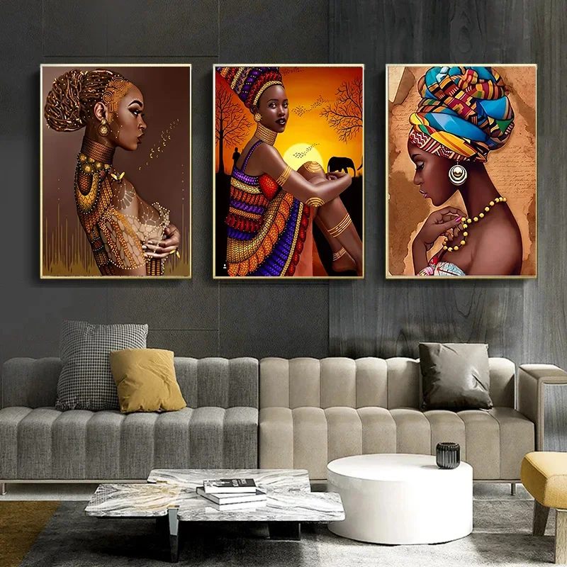 African Woman Canvas Painting Beautiful Black Women Wall Art Poster Modern Living Room Interior Aesthetic Picture for Home Decor