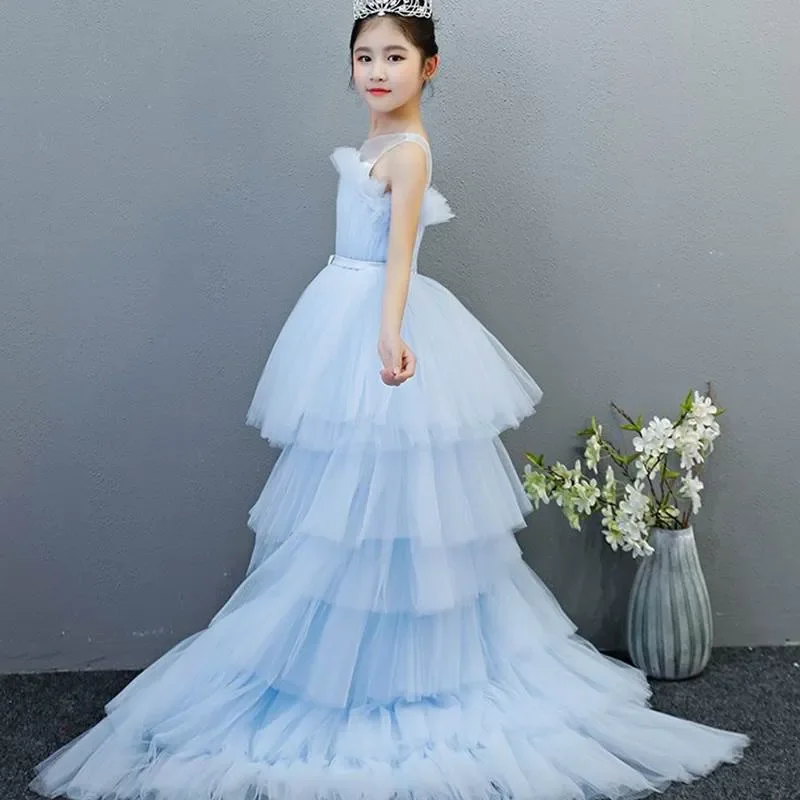 Sky Blue High Low Long Train tutu gown Girl Ball Gown Princess First Communion Prom Costumes Dress Flower 2023