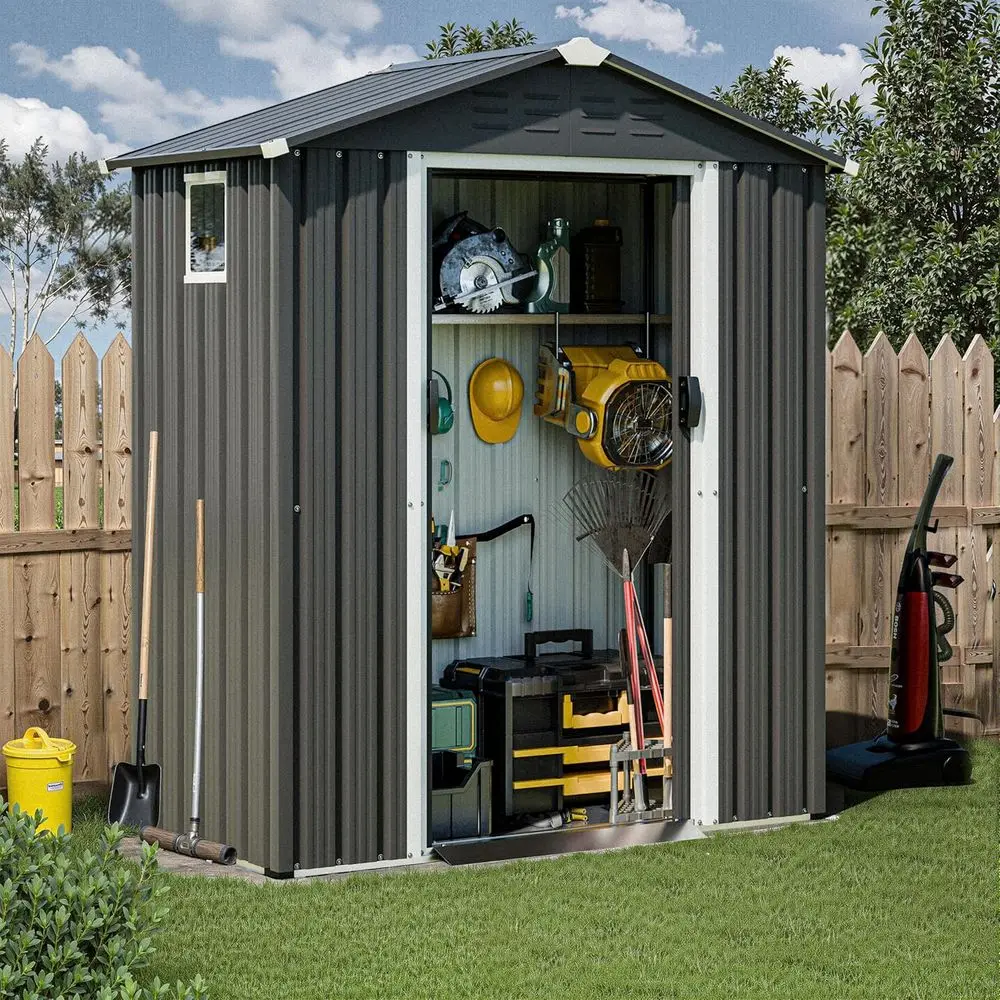5x3 Metal Outdoor Garden Storage Shed with Window, Lockable Double Door, Weather Resistant Steel Shed for Patio, Lawn (Gray)