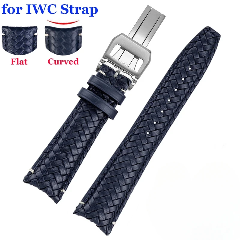 20mm 22mm Genuine Leather Watch Band for IWC IW371614 IW503312 Portugieser Pilot's Watchband Curved End Cowhide Woven Strap