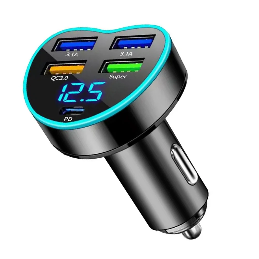 

Universal 12V-24V 66W PD Fast Car Charger QC3.0 With USB 5 Ports Adapter For Mobile Phone LED Display Screen 4 USB