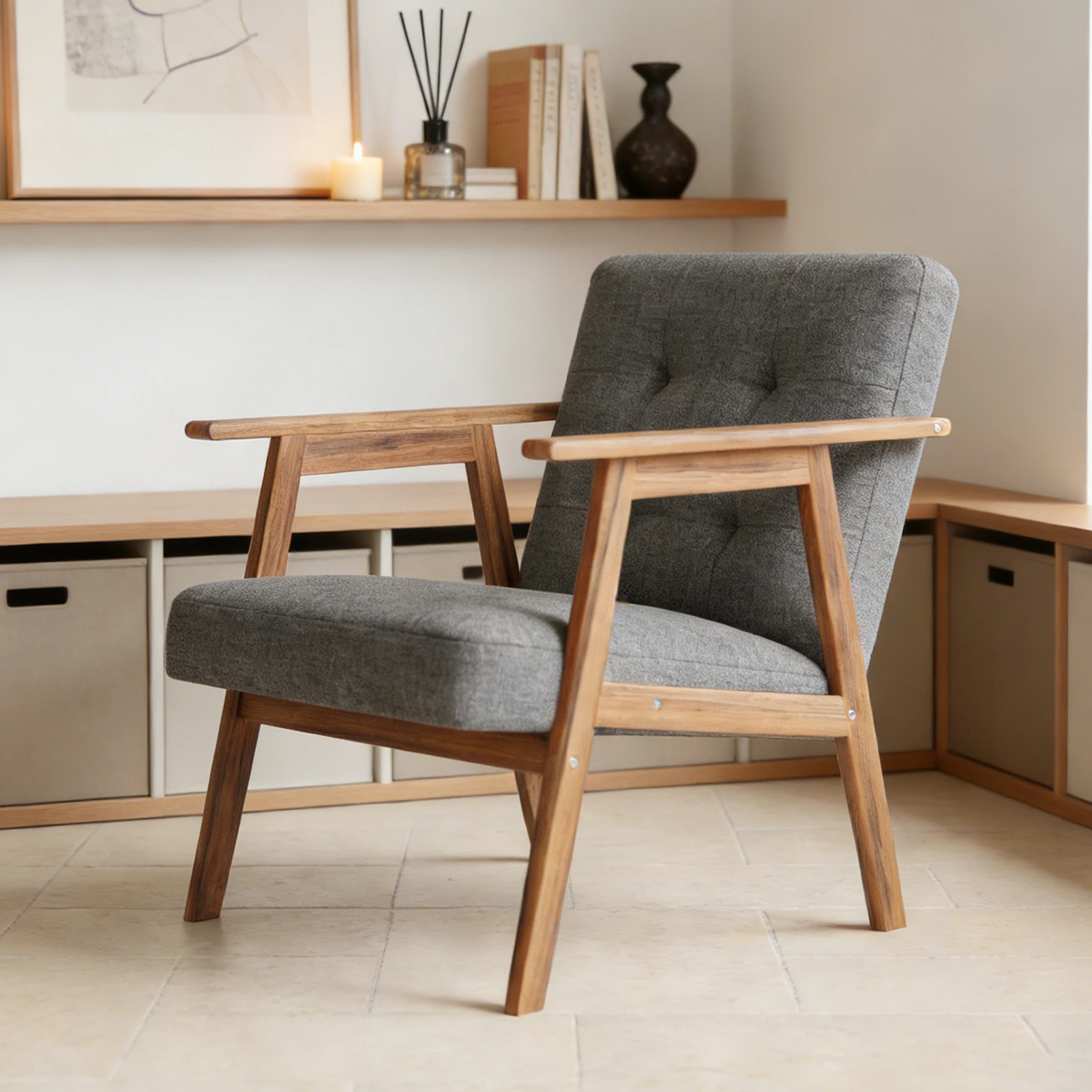 

Mid Century Modern Accent Chair with Walnut Finish Thick Comfy Seat Cushion Upholstered Living Room Lounge Arm Chair