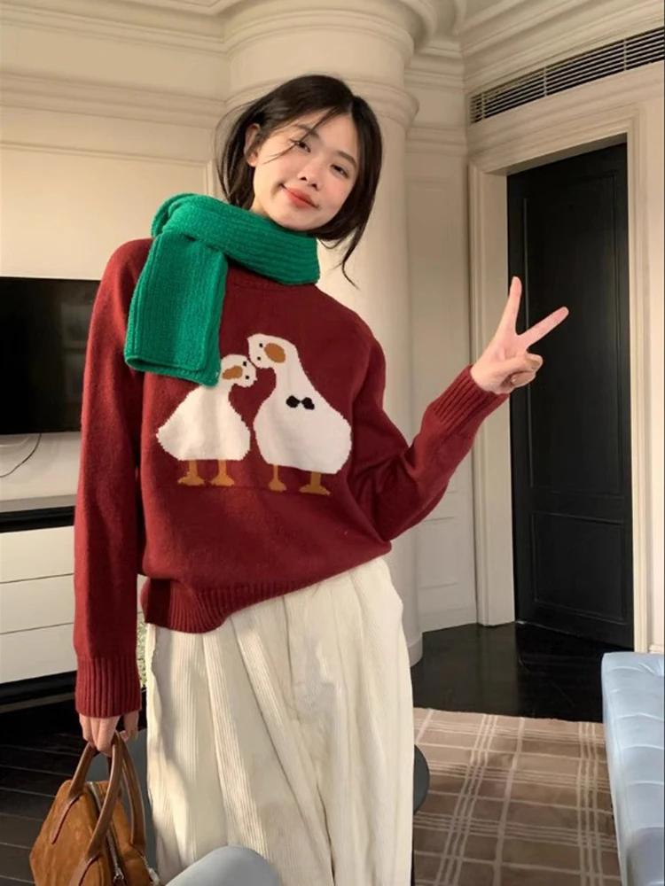 Harajuku Y2k Cartoon Goose Print Knitted Pullover Women Autumn Winter Sweet O Neck Long Sleeves Sweater Coat Loose Knitwear Tops