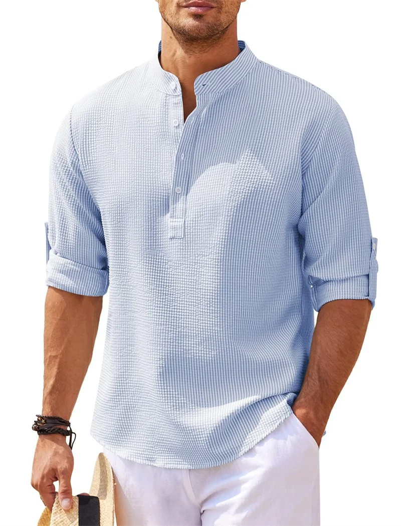 Camisa de tecido xadrez de abacaxi masculina, gola alta, pulôver de emenda de botão, blusa solta de manga longa, tops casuais diários masculinos, outono