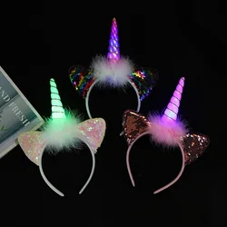 1Pc LED Unicorn Headband Sequins Feather Birthday Unicorn Theme Party Headband Kids Unicorn Glowing CosPlay Hair Accessories