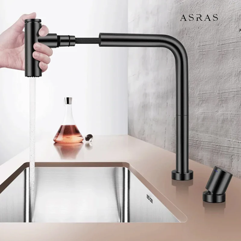 

Кухонный смеситель ASRAS Gun Gray с матовой отделкой, независимый переключатель, подача горячей и холодной воды, выдвижной излив, поворот на 360 градусов