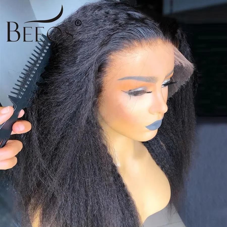 Beeos kinky em linha reta frente do laço perucas de cabelo humano para as mulheres cabelo cru brasileiro yaki em linha reta peruca frontal do laço cabelo humano 200% 250%