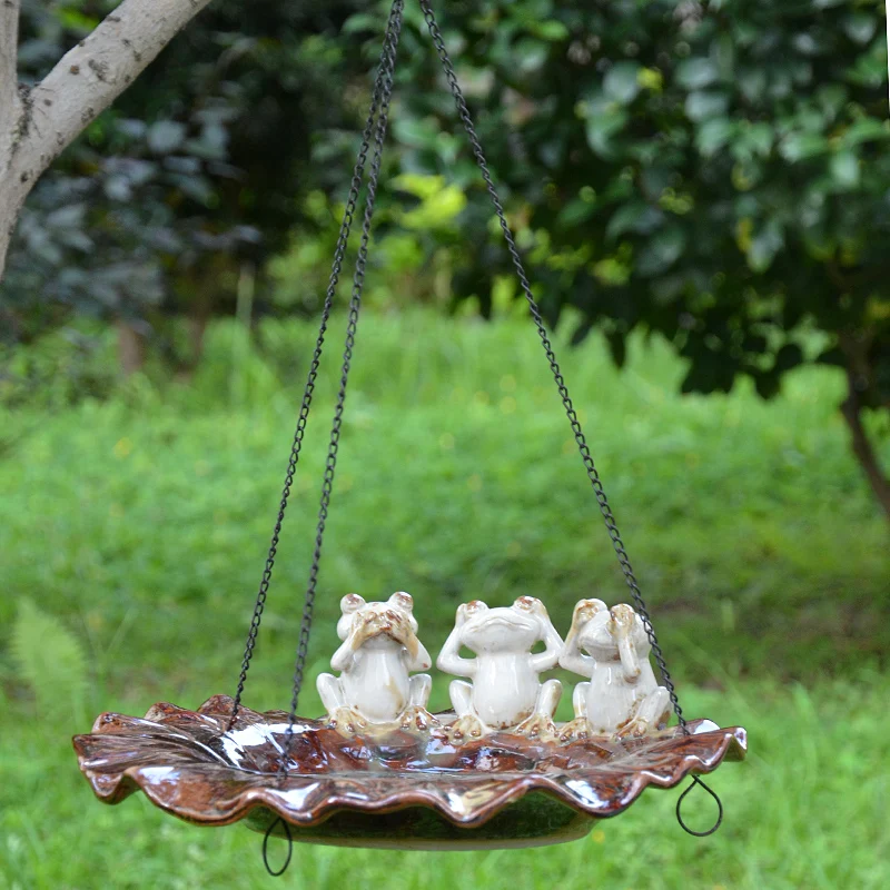 American style hanging ceramic flower shaped bird feeder lotus leaf frog bird food hanging tray balcony decoration