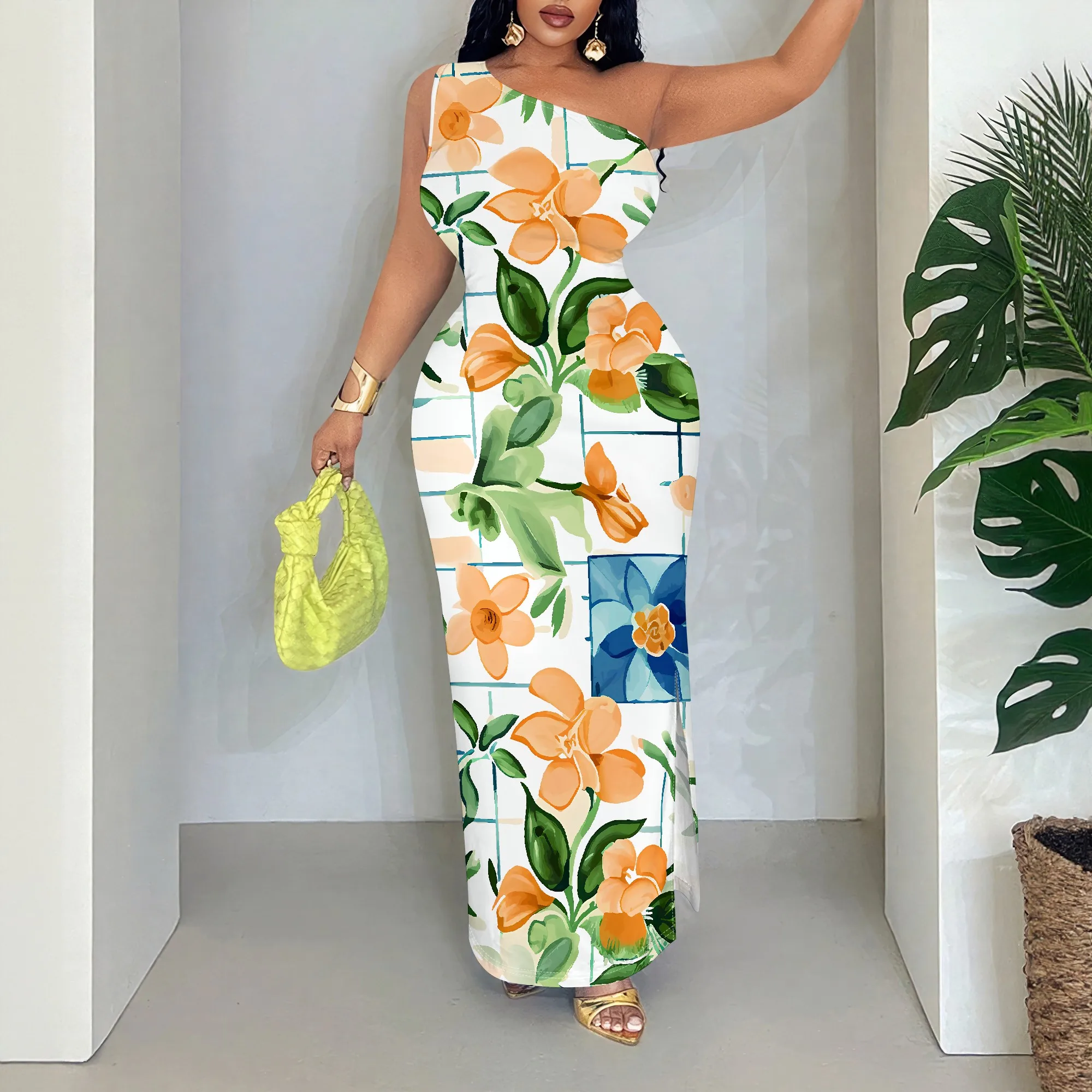 

Floral Maxi Dress, One Shoulder Sleeveless Print Dress, Summer Beach Party Long Dress, Vacation Outfit S-2XL