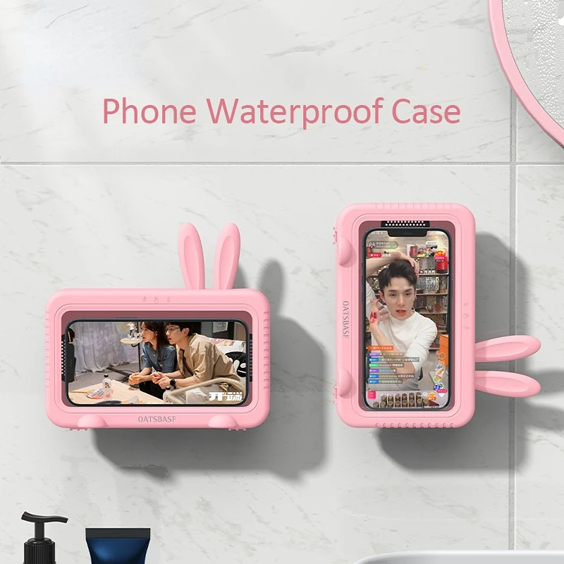 Eary Bathroom Waterproof Phone Case Wall Mounted Storage Box Cute Bunny Phone Holder Touch Screen Full Covered 360 Rotable Case