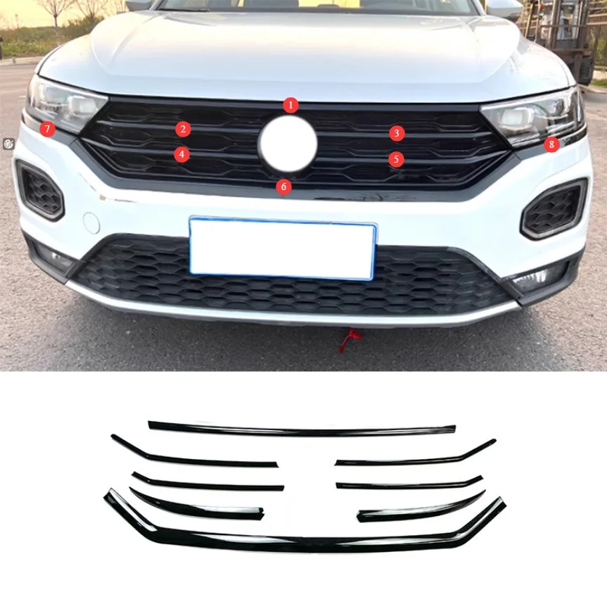 FIT For Volkswagen T‑Roc 2018-2022 ABS Glossy black Front Grille Sports Black Body Kit Center Grill molding Cover Strip Trim