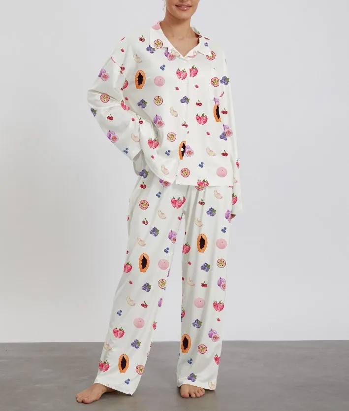 Zweiteilige Pyjama-Sets für Damen, Obstdruck, langärmeliges Hemd mit Knöpfen und lange Hosen, Nachtwäsche, Loungewear