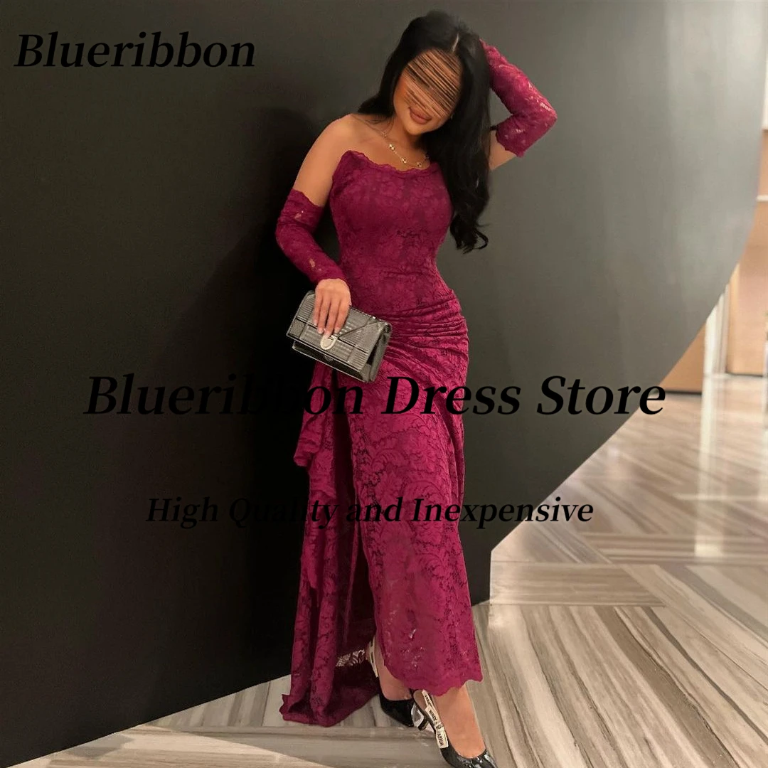 

Blueribbon Aso Ebi Prom Dresses 2024 Strapless Lace Side Slit Evening Gowns Detachable Long Sleeves Formal Occasion Saudi Dress