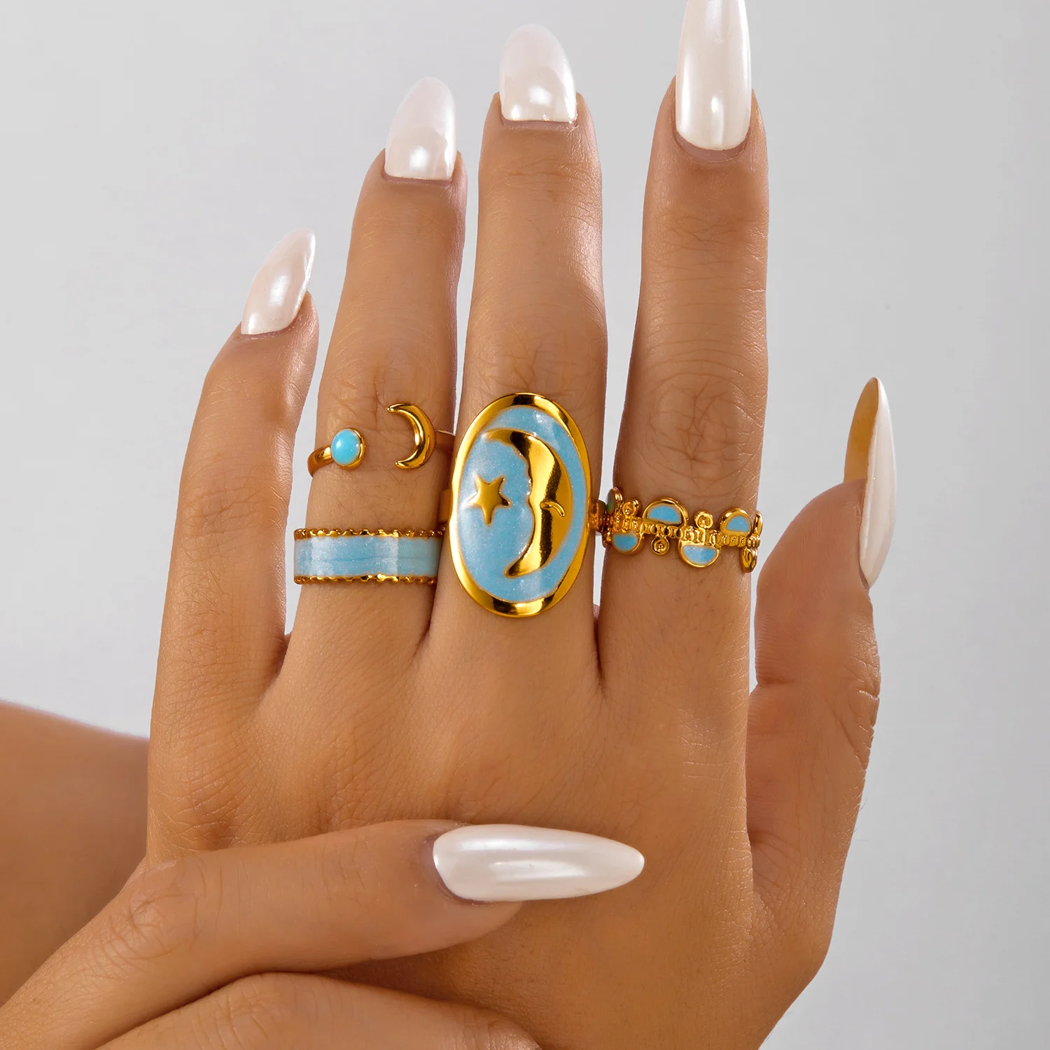 Edelstahl-Ringset mit geometrischem Muster für Damen und Herren, bunter Emaille-Sonnen-Herz-Fingerring, böhmischer ästhetischer Schmuck – Detail 1